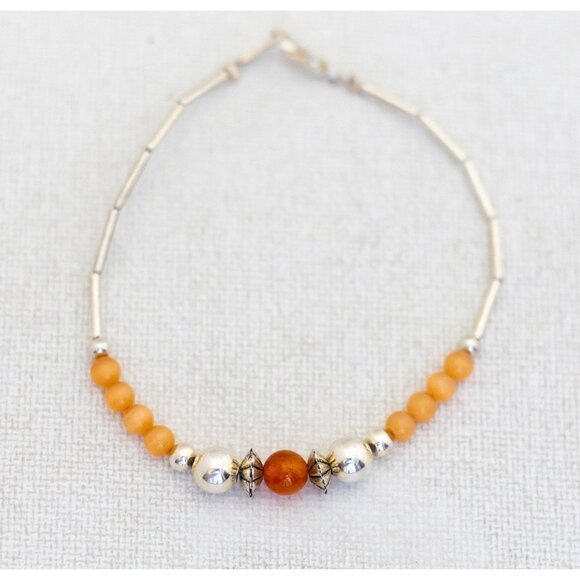 7 1/2 inch, Orange Beads Silver Tone Elegant Bracelet - A26 - Picture 1 of 3